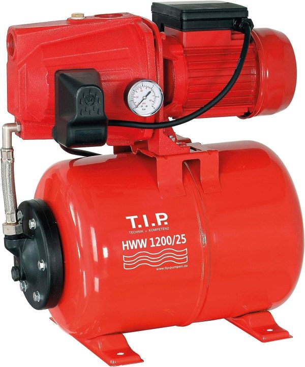 T.I.P. Hauswasserwerk Guss (5.000 l/h Fördermenge, 50 m Förderhöhe, 5,0 bar Druck, 1.200 W, Installationsfertige Druckschaltung, 22l Stahl-Druckkessel, robust, laufruhig, Manometer) HWW 1200/25, 31111 1