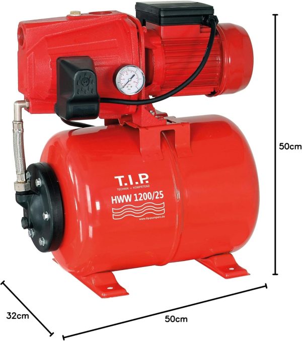 T.I.P. Hauswasserwerk Guss (5.000 l/h Fördermenge, 50 m Förderhöhe, 5,0 bar Druck, 1.200 W, Installationsfertige Druckschaltung, 22l Stahl-Druckkessel, robust, laufruhig, Manometer) HWW 1200/25, 31111 10