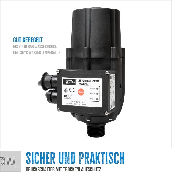 Güde Druckschalter mit Trockenlaufschutz (230 V, Nennstrom: 10 A, max. Betriebsdruck: 10 bar, max. Temperatur: 35 °, Anschlussgewinde: AG 1 ", 1 m Anschlusskabel, für Pumpen mit Druck von 1,5-10 bar) 2