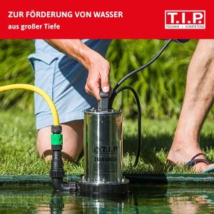 T.I.P. Tauchpumpe - Tauchdruckpumpe Edelstahl (6.000 l/h Fördermenge, 34 m Förderhöhe, 3,4 bar Druck, 950 W, bis zu 4 Beregner, für Regentonne und Zisterne bis 7 m Eintauchtiefe) Drain 6000/36, 30136 12