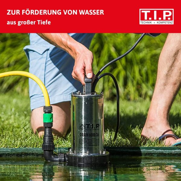 T.I.P. Tauchpumpe - Tauchdruckpumpe Edelstahl (6.000 l/h Fördermenge, 34 m Förderhöhe, 3,4 bar Druck, 950 W, bis zu 4 Beregner, für Regentonne und Zisterne bis 7 m Eintauchtiefe) Drain 6000/36, 30136 4