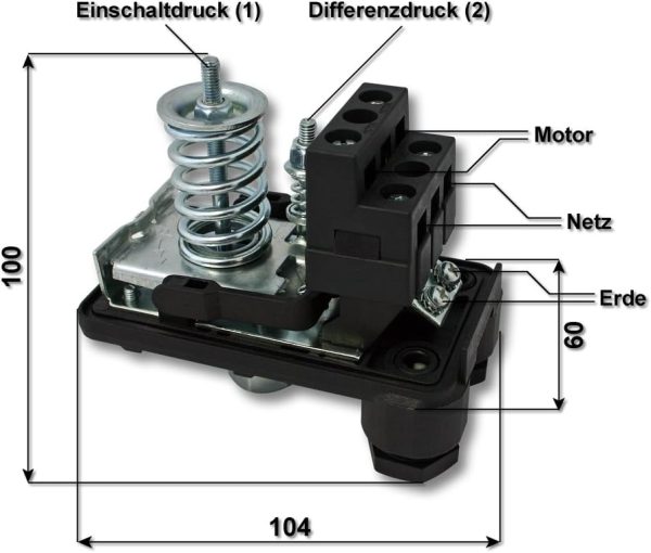 Wiltec Druckschalter SK-9 230V 1-phasig, Druckwächter mit Trockenlaufschutz für Hauswasserwerke und Pumpen, zuverlässige Pumpensteuerung 4