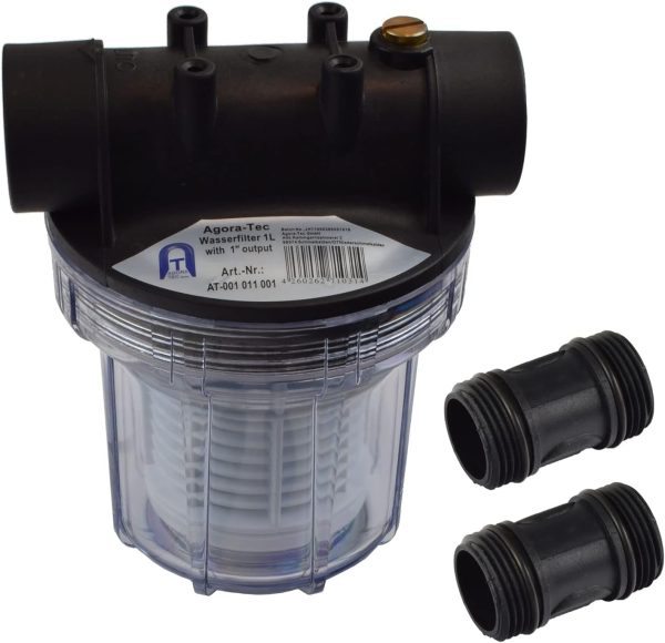 Agora-Tec® Vorfilter Wasserfilter 1L für Kreiselpumpe Hauswasserwerk mit Max. Betriebsdruck: 4 bar, Max. Durchflussmenge: 3000 l/h, Maschenweite Filtersieb: 0,2 mm, Anschlüsse: 1 Zoll (30,3 mm) IG Messingbuchsen 1