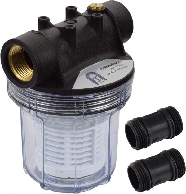 Agora-Tec® Vorfilter Wasserfilter 1L für Kreiselpumpe Hauswasserwerk mit Max. Betriebsdruck: 4 bar, Max. Durchflussmenge: 3000 l/h, Maschenweite Filtersieb: 0,2 mm, Anschlüsse: 1 Zoll (30,3 mm) IG Messingbuchsen 2