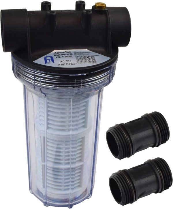 Agora-Tec® Vorfilter Wasserfilter 2L für Kreiselpumpe Hauswasserwerk mit Max. Betriebsdruck: 4 bar, Max. Durchflussmenge: 3000 l/h, Maschenweite Filtersieb: 0,2 mm, Anschlüsse: 1 Zoll (30,3 mm) IG Messingbuchsen 1