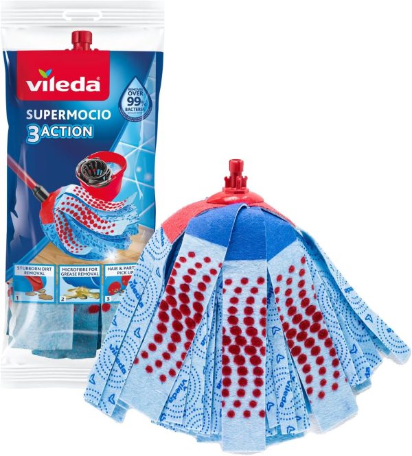 Vileda SuperMocio 3Action Ersatz-Moppkopf, Nachfüllpackung für alle Vileda SuperMocio Moppsysteme, für versiegelte Hartböden, entfernt über 99 % der Bakterien nur mit Wasser* 1