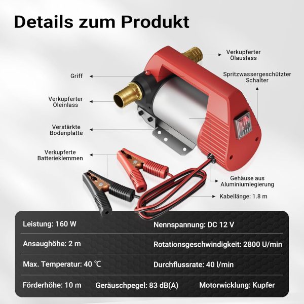 Wiltec Bio Dieselpumpe 12 V, 160 W, 40 l/min, Heizölpumpe selbstansaugend, Absaugpumpe für Diesel, Biodiesel, Heizöl, tragbare mobile Umfüllpumpe 2