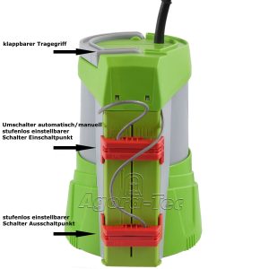 Agora-Tec AT-Tauchpumpe clear water 250W-vario-control (flachsaugend auf 1 mm) stufenlos einstellbarer integrierten Schwimmerschalter mit Rückschlagventil und max: 0,4 bar und max: 3000l/h 9