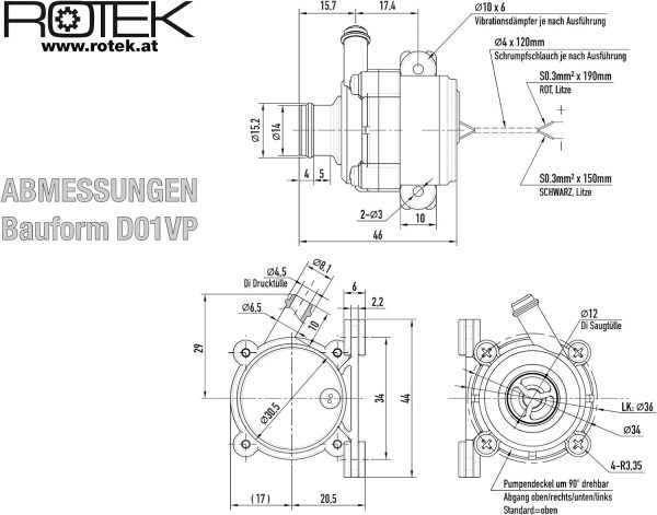 Lebensmittelechte Mini-Kreiselpumpe mit bürstenlosem Gleichstrommotor, Gehäuse:D01VP, 12VDC, 2,5l/min oder 1mWs 6