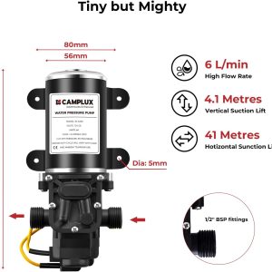 CAMPLUX 12V Wasserpumpe 6L/min, Selbstansaugende Druckwasserpumpe, für Wohnwagen, Boot, Heißes Wasser System, 4.5 Bar/ 65 PSI Schwarz 9