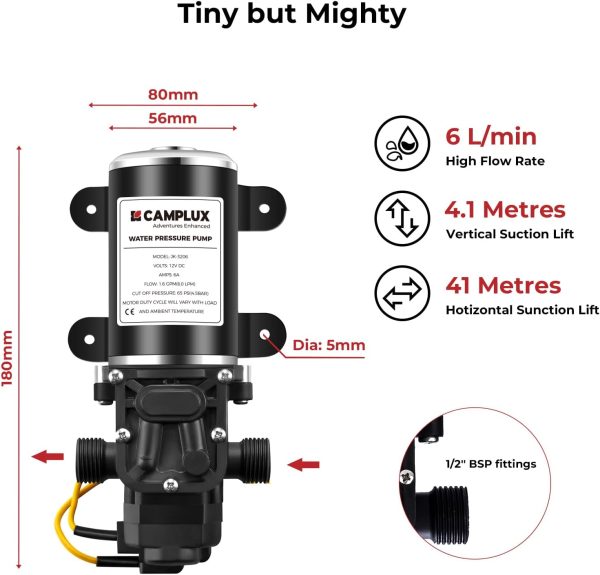 CAMPLUX 12V Wasserpumpe 6L/min, Selbstansaugende Druckwasserpumpe, für Wohnwagen, Boot, Heißes Wasser System, 4.5 Bar/ 65 PSI Schwarz 2
