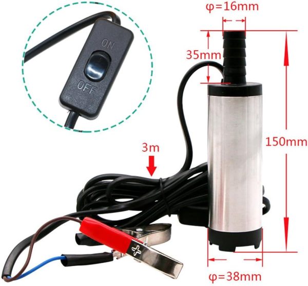 Kingkindsun - 12 V - 38 mm - Tauchpumpe, Wasser, Öl, Diesel, Kraftstoff-Transferpumpe, Edelstahl-Pumpe mit Rückgewinnung, 3M, Kabel für Auto, SUV 3