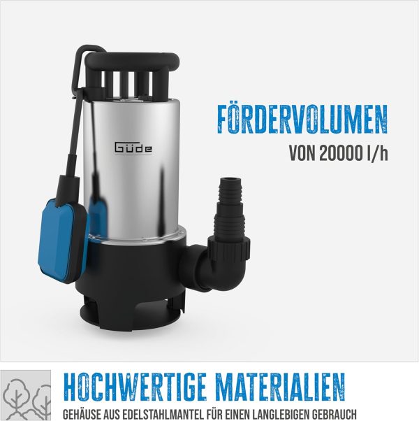 Güde Schmutzwassertauchpumpe GS 1103 PI (1100 W, Fördervolumen: 20.000 l/h, max. Förderhöhe: 8 m, max. Eintauchtiefe: 7 m, Laufrad aus Noryl, Edelstahlmantel & -welle, Thermoschutz, Schwimmerschalter) 2