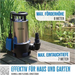 Güde Schmutzwassertauchpumpe GS 1103 PI (1100 W, Fördervolumen: 20.000 l/h, max. Förderhöhe: 8 m, max. Eintauchtiefe: 7 m, Laufrad aus Noryl, Edelstahlmantel & -welle, Thermoschutz, Schwimmerschalter) 11