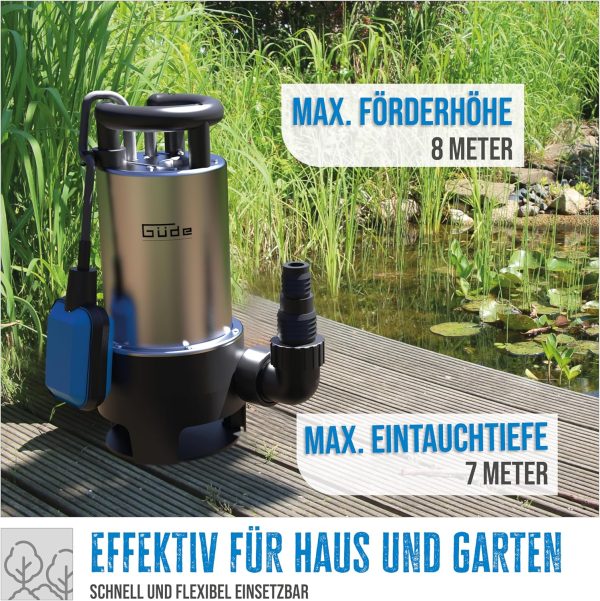 Güde Schmutzwassertauchpumpe GS 1103 PI (1100 W, Fördervolumen: 20.000 l/h, max. Förderhöhe: 8 m, max. Eintauchtiefe: 7 m, Laufrad aus Noryl, Edelstahlmantel & -welle, Thermoschutz, Schwimmerschalter) 3