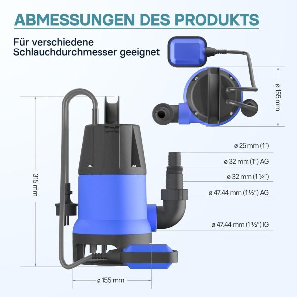 Schmutzwasserpumpe 400 W 7500 l/h Tauchpumpe Gartenpumpe Brunnenpumpe Entwässerungspumpe 4