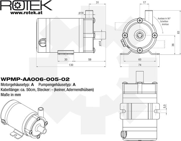 Magnetisch gekoppelte, lebensmittelechte 230V Mini-Kreiselpumpe für Chemie und Reinanwendungen, WPMP-AA006-005-02 3