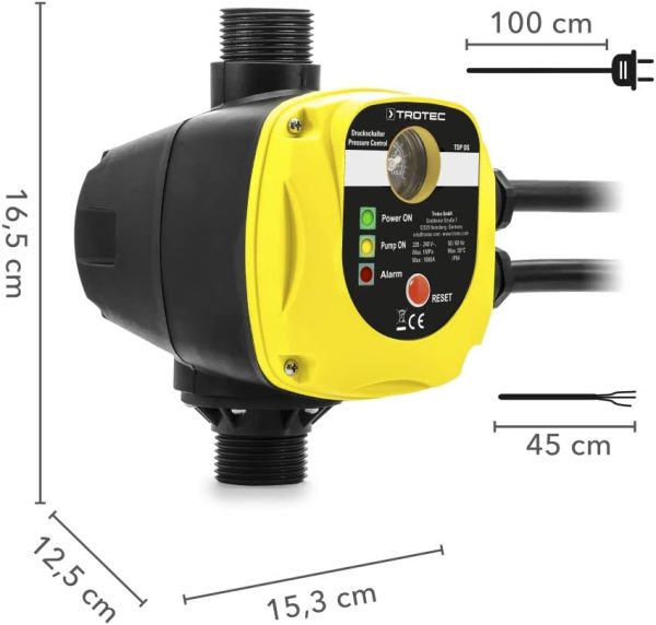 TROTEC Elektronischer Druckschalter TDP DS – Pumpensteuerung Druckwächter – für Wasserpumpen, Hauswasserwerk, Gartenpumpen max. 10 bar, ohne Stecker 2