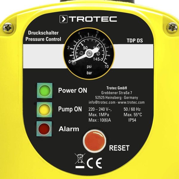 TROTEC Elektronischer Druckschalter TDP DS – Pumpensteuerung Druckwächter – für Wasserpumpen, Hauswasserwerk, Gartenpumpen max. 10 bar, ohne Stecker 5