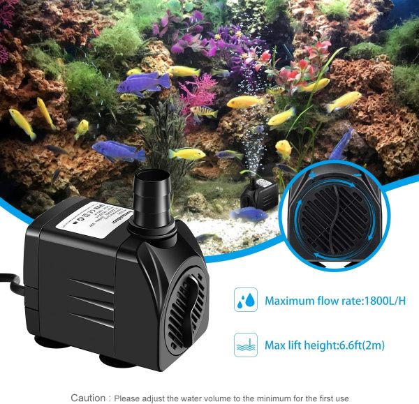 Awroutdoor Wasserpumpe Tauchpumpe, 1800L/H Aquariumpump für Teich Brunnen Aquarium Garten, Submersible Pumpe 3 Düse 13mm-16mm-19mm, Kabel1.9m(25W) 6