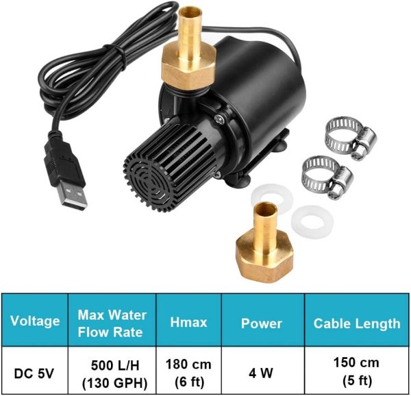 TSSS 500L/H Außengewinde USB Wasserpumpe 4W Bürstenlosen Unterwasserpumpe Brunnenpumpe mit 2 Messing düsen,150cm Stromkabel Aquariumpumpe Wasser Kreiselpumpe Umwälzpumpe 2