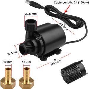 TSSS 500L/H Außengewinde USB Wasserpumpe 4W Bürstenlosen Unterwasserpumpe Brunnenpumpe mit 2 Messing düsen,150cm Stromkabel Aquariumpumpe Wasser Kreiselpumpe Umwälzpumpe 14