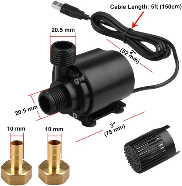 TSSS 500L/H Außengewinde USB Wasserpumpe 4W Bürstenlosen Unterwasserpumpe Brunnenpumpe mit 2 Messing düsen,150cm Stromkabel Aquariumpumpe Wasser Kreiselpumpe Umwälzpumpe 5