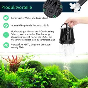 AQQA Aquarium Wasserpumpe,1000L/H Ultraleise Aquarium Tauchpumpe,High Lift Aquarium Pumpe mit Verstellbarem Schalter und 2 Düsen für Aquarium, Teich, Hydroponik 11