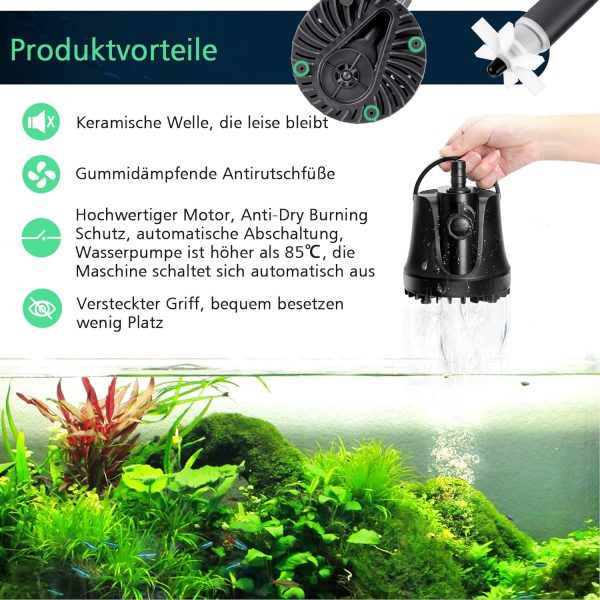 AQQA Aquarium Wasserpumpe,1000L/H Ultraleise Aquarium Tauchpumpe,High Lift Aquarium Pumpe mit Verstellbarem Schalter und 2 Düsen für Aquarium, Teich, Hydroponik 4