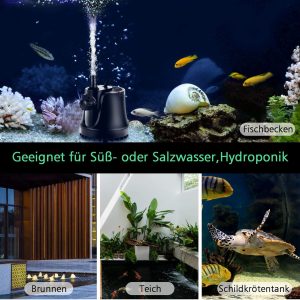 AQQA Aquarium Wasserpumpe,1000L/H Ultraleise Aquarium Tauchpumpe,High Lift Aquarium Pumpe mit Verstellbarem Schalter und 2 Düsen für Aquarium, Teich, Hydroponik 13