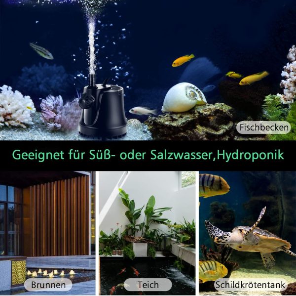 AQQA Aquarium Wasserpumpe,1000L/H Ultraleise Aquarium Tauchpumpe,High Lift Aquarium Pumpe mit Verstellbarem Schalter und 2 Düsen für Aquarium, Teich, Hydroponik 5