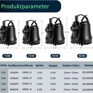 AQQA Aquarium Wasserpumpe,1000L/H Ultraleise Aquarium Tauchpumpe,High Lift Aquarium Pumpe mit Verstellbarem Schalter und 2 Düsen für Aquarium, Teich, Hydroponik 15