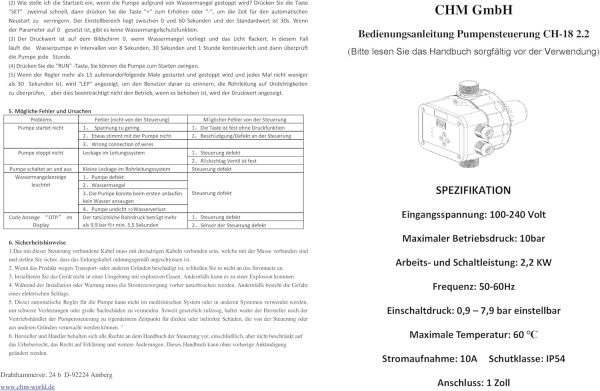 CHM GmbH® Pumpensteuerung Druckschalter (EIN- und Abschaltdruck einstellbar) mit Trockenlaufschutz für Pumpen bis 2,2 Kw 5