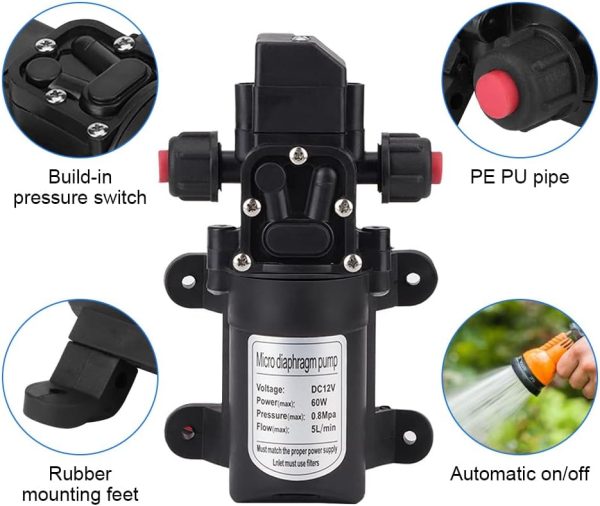 Wasserpumpe 12V mit Automatik Start/Stopp Funktion Hochdruckmembran Membranpumpe, Anschluss selbstansaugende Pumpe 60W 5L/Min Druckwasserpumpe für Wohnwagen, Boot, Wohnmobil, Garten, Caravan,Camping 3