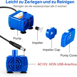 Haustier Wasserpumpe Ersatzpumpe für Blumen Katzenbrunnen, Mini Super Leise Elektrische Wasser Pumpe 2W Verbrauchsarme Pumpe mit 5,9ft Kabel für Katze Trinkbrunnen [Energieklasse A+++] 10