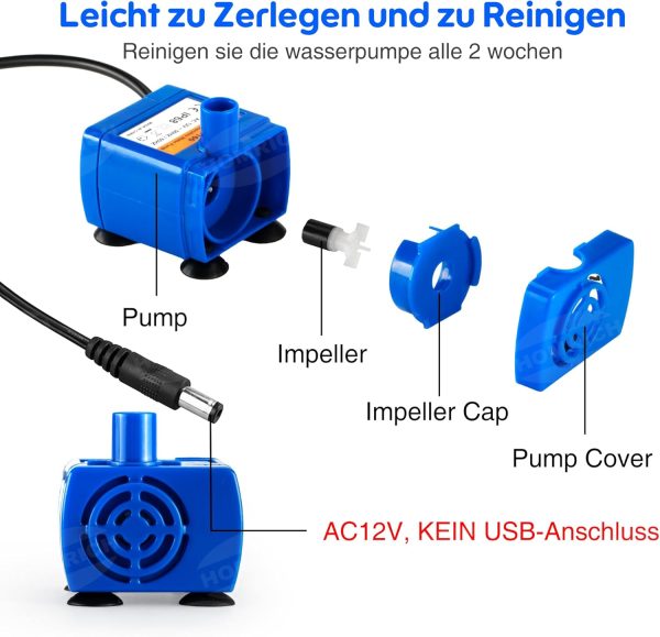 Haustier Wasserpumpe Ersatzpumpe für Blumen Katzenbrunnen, Mini Super Leise Elektrische Wasser Pumpe 2W Verbrauchsarme Pumpe mit 5,9ft Kabel für Katze Trinkbrunnen [Energieklasse A+++] 3