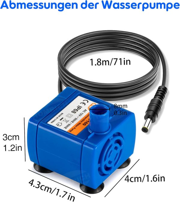 Haustier Wasserpumpe Ersatzpumpe für Blumen Katzenbrunnen, Mini Super Leise Elektrische Wasser Pumpe 2W Verbrauchsarme Pumpe mit 5,9ft Kabel für Katze Trinkbrunnen [Energieklasse A+++] 7