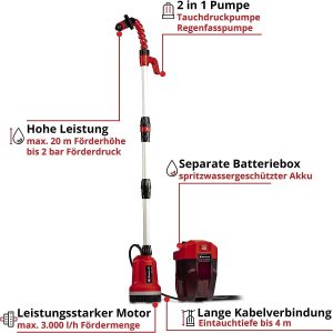 Einhell Akku-Tauchdruck/Regenfasspumpe GE-PP 18 RB Li-Solo Power X-Change (18 V, Förderdruck max. 2 bar, max. 3.000 L/h, flexible Batteriebox, ohne Akku) 17