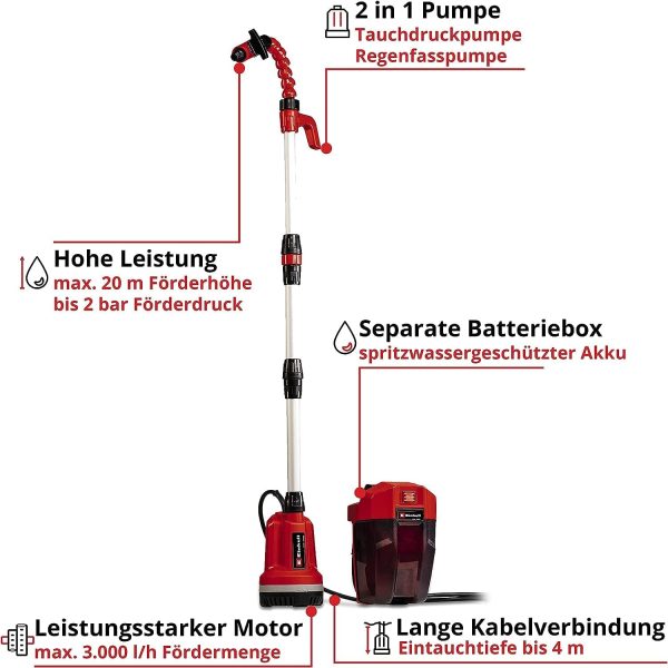 Einhell Akku-Tauchdruck/Regenfasspumpe GE-PP 18 RB Li-Solo Power X-Change (18 V, Förderdruck max. 2 bar, max. 3.000 L/h, flexible Batteriebox, ohne Akku) 4