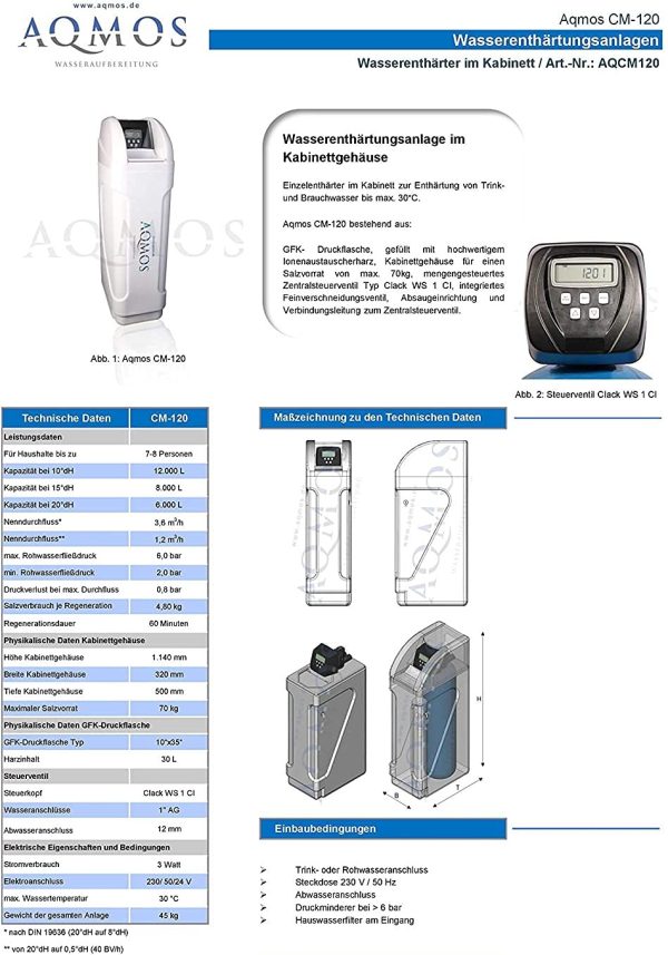 Aqmos CM-120 Wasserenthärtungsanlage im Set mit Montageblock und 100kg Regeneriersalztabletten | Wasserenthärter für Haushalte bis zu 9 Personen | Entkalkungsanlage, Antikalkanlage für weiches Wasser 3
