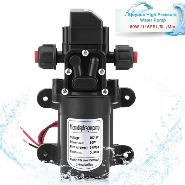 Wasserpumpe 12V Selbstansaugend, Wasserpumpe mit Druckschalter Camping Selbstansaugend Pumpe Hochdruckpumpe Membranpumpe 60W 5L/Min Pumpe für Auto Waschen Boot Reinigung Garten Bewässerung 2