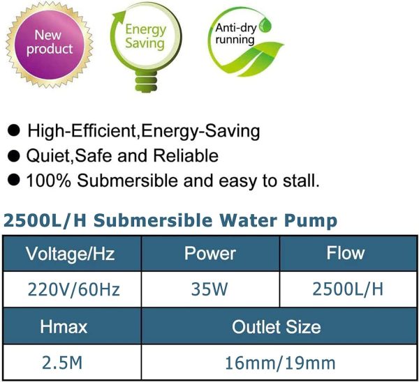 LNIDEAS Aquarium Tauchpumpe, 2500L/H 35W Aquariumpumpe,Sehr Leise Wasserpumpe mit einstellbarem Schalter und 2 Düsen,für Aquarium,Brunnenbecken,Hydroponik 3