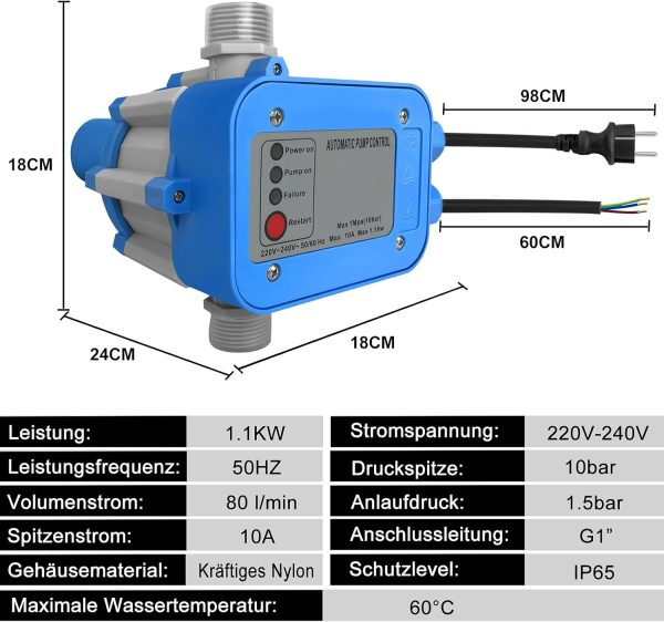 HENGMEI Druckwächter Druckschalter Pumpenschalter Druckregler 220V 10 bar Elektronische Pumpensteuerung mit Kabel für Hauswasserwerk, Gartenbewässerung, Gartenpumpe (Modell 1) 2