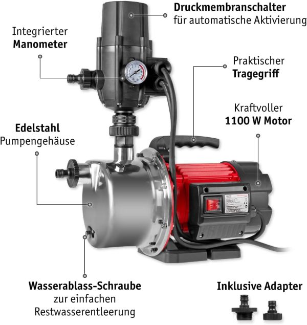 WALTER Hauswasserautomat 1100 W, Wasserpumpe, Trockenlaufschutz, Hauswasserwerk zur Wasserversorgung aus Brunnen, Zisternen und Regentonnen, 4500 Liter pro Stunde, maximale Förderhöhe von 45m 2