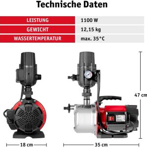 WALTER Hauswasserautomat 1100 W, Wasserpumpe, Trockenlaufschutz, Hauswasserwerk zur Wasserversorgung aus Brunnen, Zisternen und Regentonnen, 4500 Liter pro Stunde, maximale Förderhöhe von 45m 18