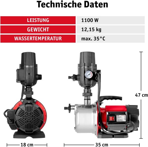 WALTER Hauswasserautomat 1100 W, Wasserpumpe, Trockenlaufschutz, Hauswasserwerk zur Wasserversorgung aus Brunnen, Zisternen und Regentonnen, 4500 Liter pro Stunde, maximale Förderhöhe von 45m 7