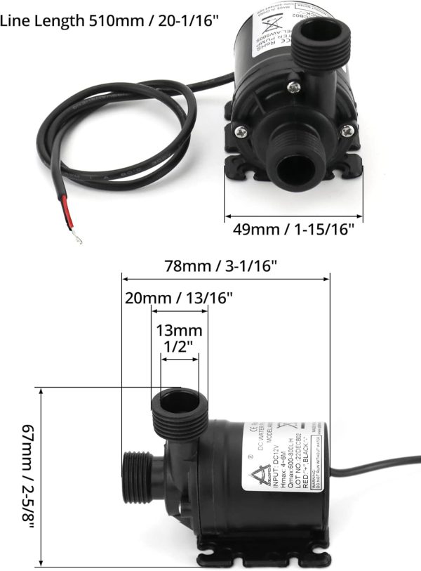 QWORK® DC 12V Wasserpumpe 800L / H 5M, Brushless Tauchwasserpumpe, für Brunnenpool Solarumlaufsystem Wasserzirkulationssystem 6