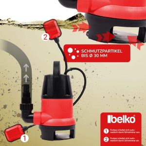 Belko® JP400-D2 Schmutzwasserpumpe mit integriertem Schwimmer-schalter Tauchpumpe mit Griff - 8000 L/h, 5m Förderhöhe, Ø30mm Partikel, 7m Kabel, IPX8 9