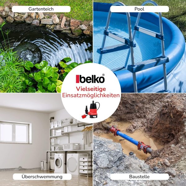 Belko® JP400-D2 Schmutzwasserpumpe mit integriertem Schwimmer-schalter Tauchpumpe mit Griff - 8000 L/h, 5m Förderhöhe, Ø30mm Partikel, 7m Kabel, IPX8 4