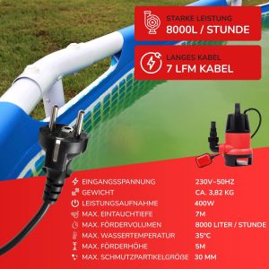 Belko® JP400-D2 Schmutzwasserpumpe mit integriertem Schwimmer-schalter Tauchpumpe mit Griff - 8000 L/h, 5m Förderhöhe, Ø30mm Partikel, 7m Kabel, IPX8 13